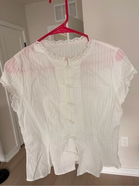 Women's White Lace-Trim Button Blouse